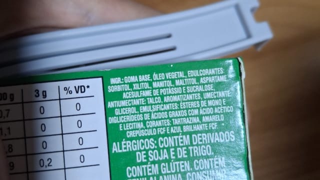 Rótulo do produto Goma de Mascar sem Açúcar