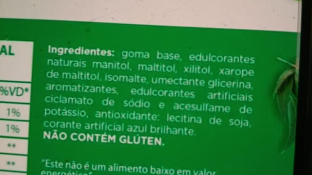 Rótulo do produto Goma de Mascar sem Açúcar