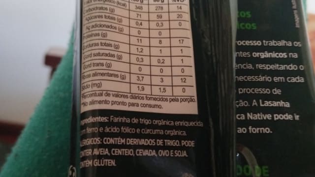 Rótulo do produto Massa para Lasanha Orgânica Native