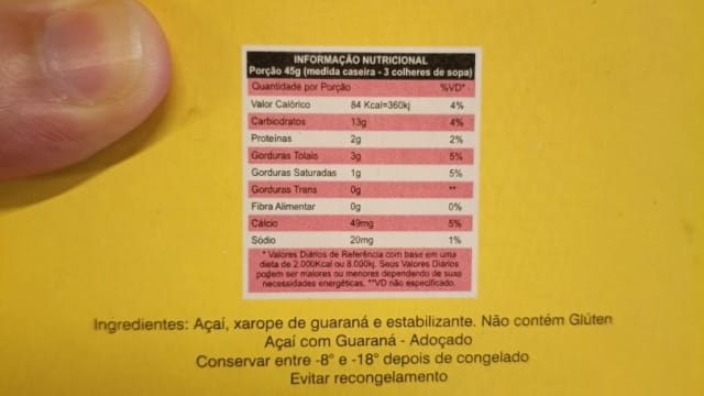 Rótulo do produto Açaí com Guaraná - Adoçado