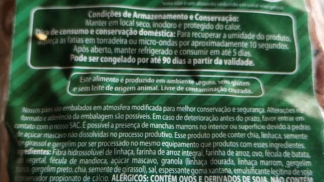 Rótulo do produto Pão Multigrãos Sem Glúten