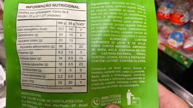 Rótulo do produto Chocolate ao Leite com Recheio Sabor Banana