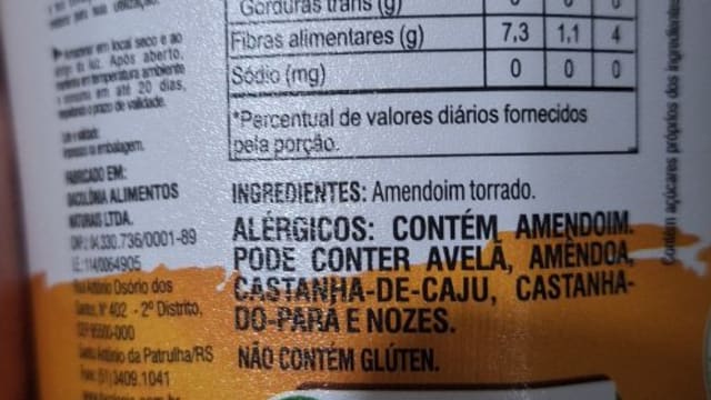 Rótulo do produto Pasta de Amendoim Integral DaColônia