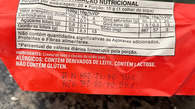 Rótulo do produto Manteiga com Sal