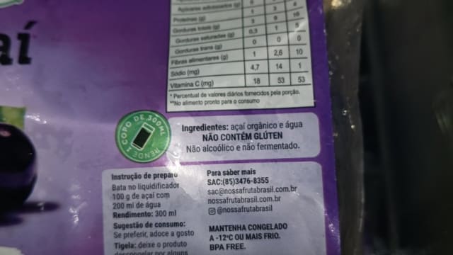 Rótulo do produto Açaí Orgânico Nossa Fruta Brasil