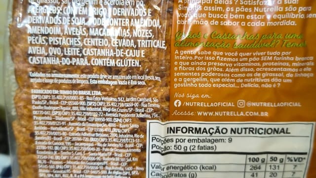 Rótulo do produto Pão Nutrella 100% Grãos Inteiros