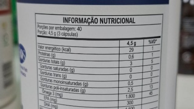 Rótulo do produto Suplemento de Ômega 3 EPA e DHA