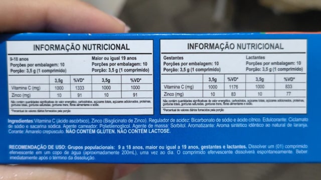 Rótulo do produto Suplemento Alimentar Efervescente de Vitamina C e Zinco