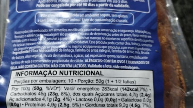 Rótulo do produto Pão de Forma Sem Glúten Maná