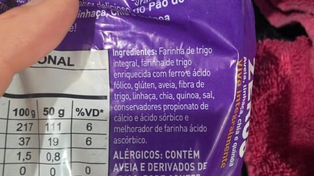 Rótulo do produto Pão Integral Zero Aveia, Linhaça, Chia e Quinoa