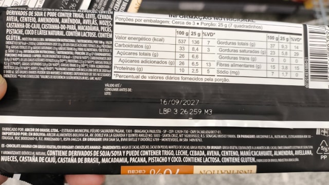 Rótulo do produto Chocolate Amargo 70% Cacau Arcor Inspiration