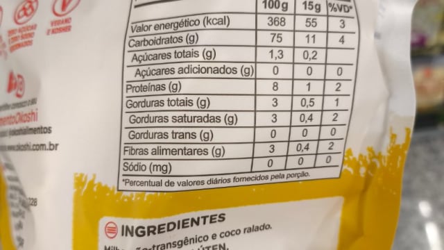 Rótulo do produto Torrada de Milho com Coco Okoshi