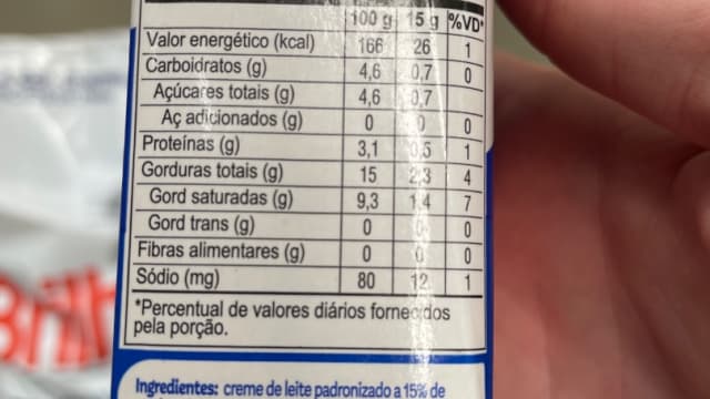 Creme de Leite Leve 15% de Gordura