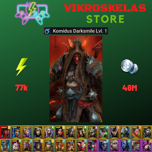 Starter with Mythical – Komidus : 77k energy / 48 mln coins / Fu-Shan, Mortu-Macaab, Norog, Arix, Ninja + 17 Login Legendaries