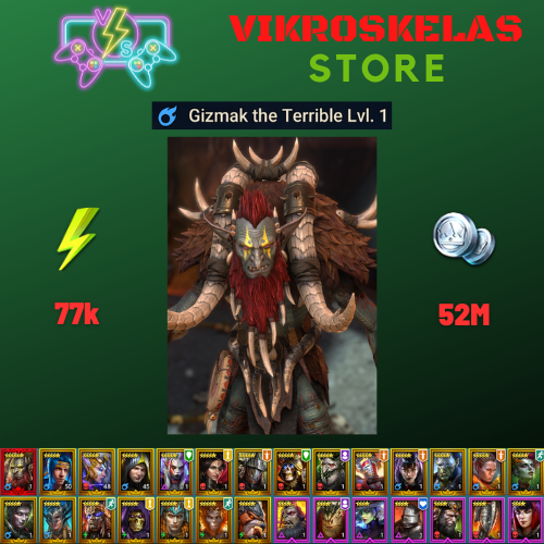 Starter with Mythical – Gizmak : 77k energy / 52 mln coins / Morrigaine, Errol, Arix, Ninja + 17 Login Legendaries / Madame Serris