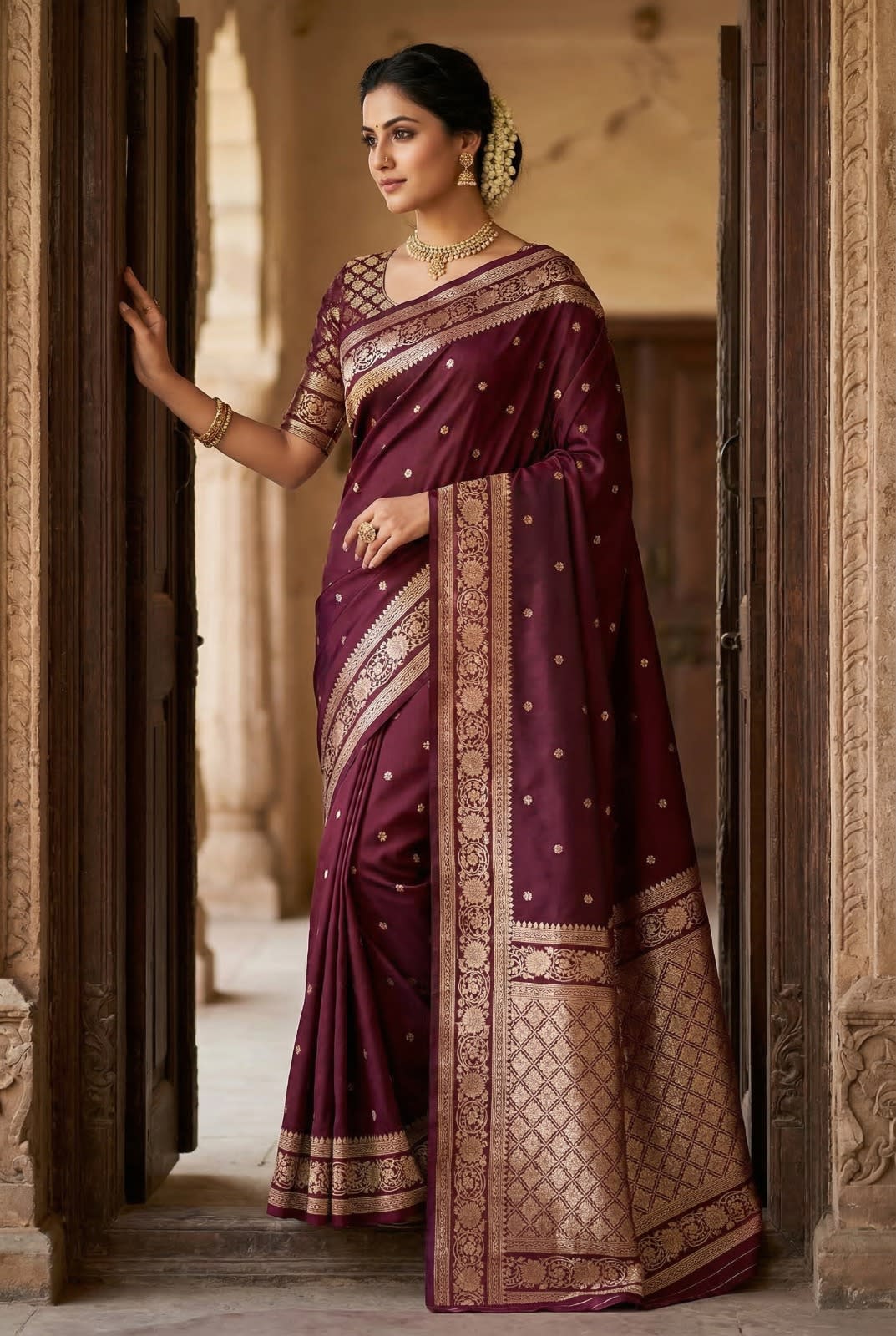 Smiling Indian woman in traditional saree representing quality and joy