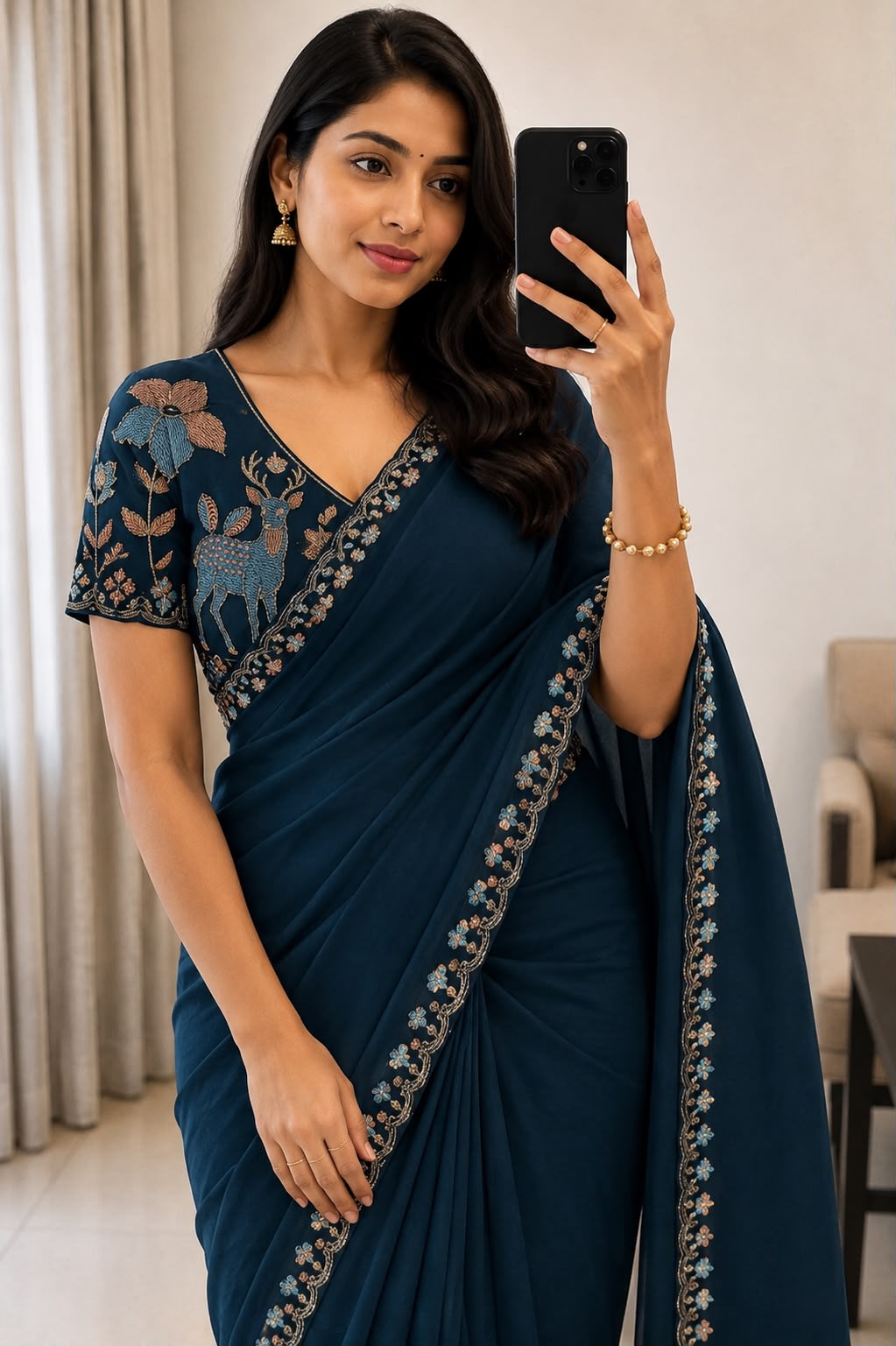 Modern woman in ready-to-wear pre-draped saree