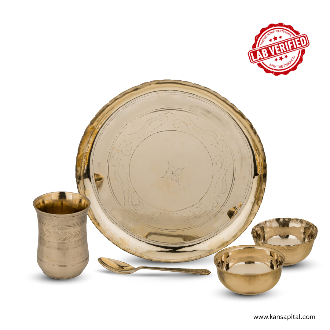 Lab verified Bronze Thali Set | Kansa Dinner Thali Set | 12 inch, 1 thali & 2 Bowls With Glass and Spoon