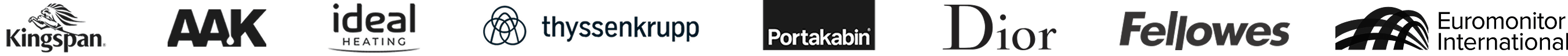 Client logos including ThyssenKrupp, Dior, Portakabin, Fellowes and more