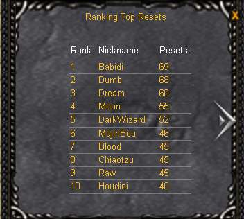 טבלת Top Resets במקש F8 – דירוג הריסטים ב-MU Classic