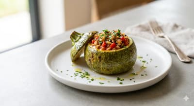 Photo de la recette Courgettes farcies méditerranéennes à la volaille, idée de dîner à 163 kcal par portion