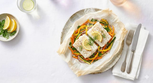 Photo de la recette Papillotes de cabillaud aux petits légumes, idée de déjeuner à 210 kcal par portion