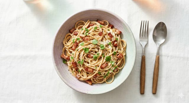 Photo de la recette Pâtes Carbonara allégées, idée de déjeuner à 448 kcal par portion
