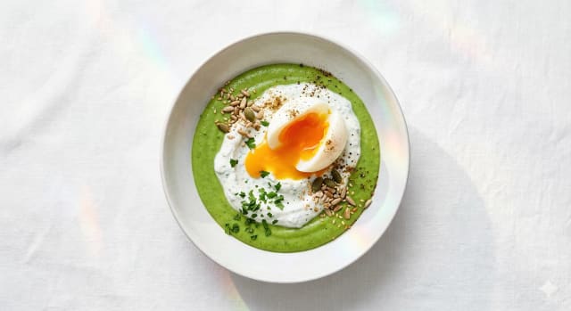 Photo de la recette Œufs mollets à la turque et crème de petits pois, idée de déjeuner à 316 kcal par portion