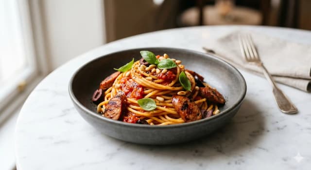 Photo de la recette Spaghettis Épicés aux Saucisses Orientales, idée de déjeuner à 670 kcal par portion