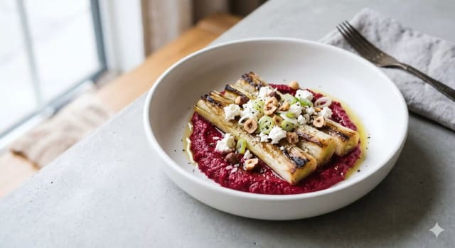 Photo de la recette Poireaux Rôtis Fondants et Crème de Betterave, idée de dîner à 596 kcal par portion