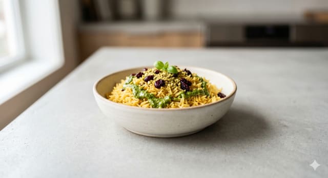 Photo de la recette Bol Parfumé au Riz Basmati, Baies Rouges et Pesto de Pistaches, idée de déjeuner à 926 kcal par portion