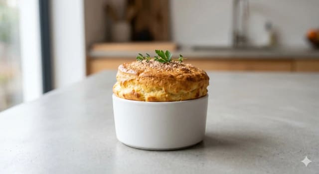 Photo de la recette Le Soufflé Fondant au Gruyère, idée de dîner à 727 kcal par portion