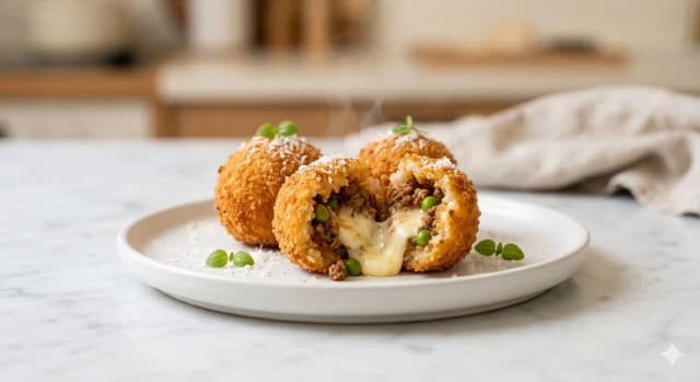 Photo de la recette Arancinis Gourmands au Bœuf et Cœur Fondant, idée de dîner à 971 kcal par portion