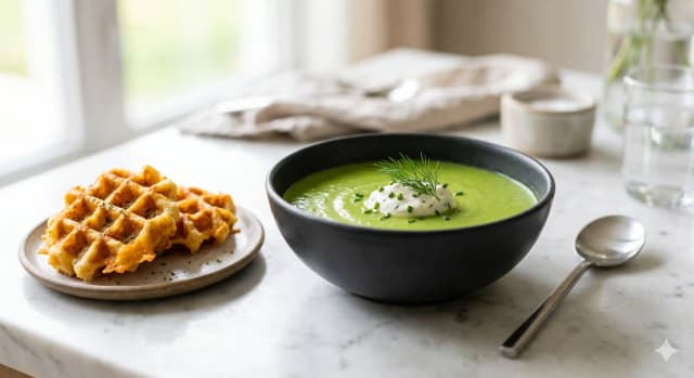 Photo de la recette Velouté de Printemps à l'Aneth et Gaufres Gourmandes au Cheddar, idée de dîner à 863 kcal par portion