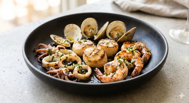 Photo de la recette Assortiment marin grillé et sa persillade à l'huile d'olive, idée de déjeuner à 368 kcal par portion