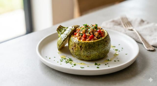 Photo de la recette Courgettes farcies méditerranéennes à la volaille, idée de dîner à 163 kcal par portion