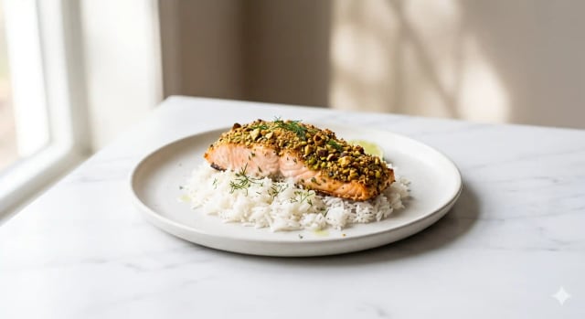 Photo de la recette Pavés de saumon croustillants aux pistaches et son riz, idée de dîner à 620 kcal par portion