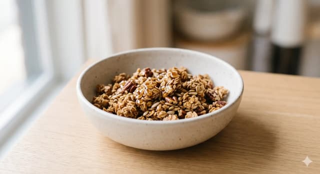 Photo de la recette Croustillant d'Avoine aux Éclats de Pécan, idée de petit-déjeuner à 564 kcal par portion
