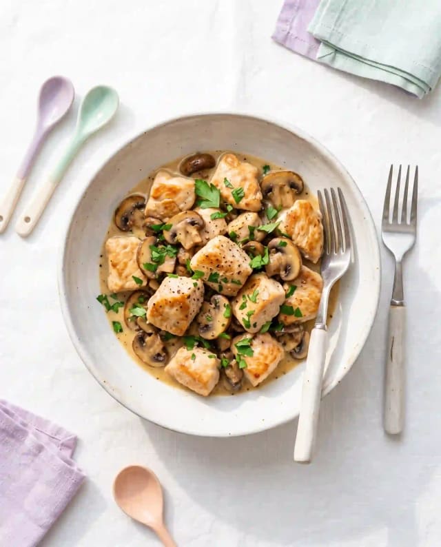 Photo de la recette Émincé de dinde à la crème et champignons, idée de dîner à 318 kcal par portion