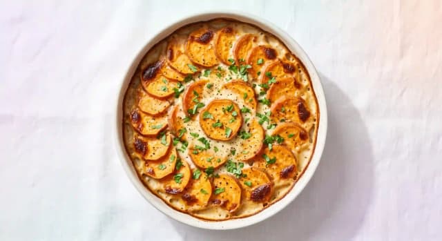 Photo de la recette Gratin fondant de patate douce, crème de coco et muscade, idée de dîner à 457 kcal par portion