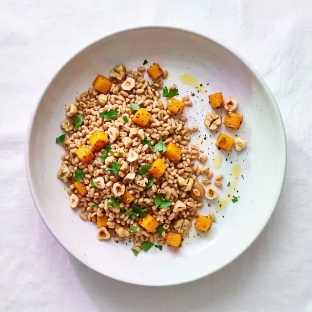 Photo de la recette Petit épeautre tiède au potiron, châtaignes et noisettes torréfiées, idée de déjeuner à 484 kcal par portion