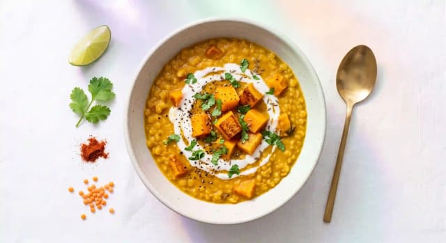 Photo de la recette Curry de lentilles corail à la courge butternut, idée de dîner à 475 kcal par portion