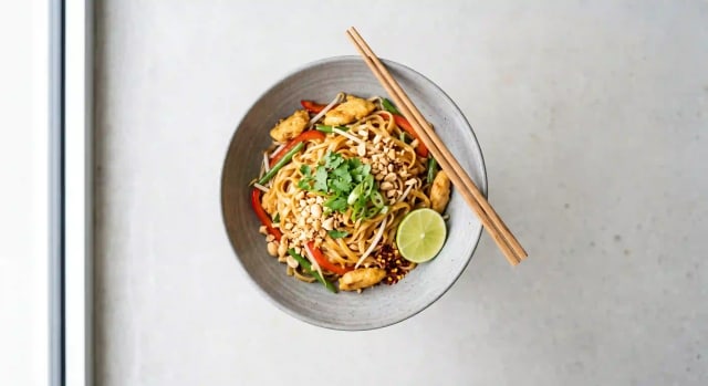 Photo de la recette Nouilles de riz sautées façon pad thaï, poulet et cacahuète, idée de dîner à 648 kcal par portion