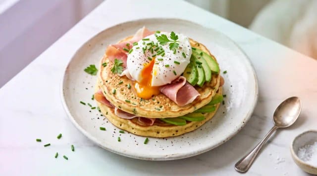 Photo de la recette Stack de pancakes salés, jambon, avocat et œuf poché, idée de petit-déjeuner à 557 kcal par portion