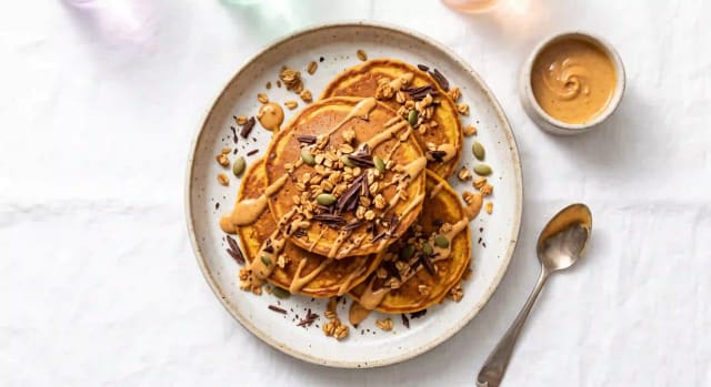 Photo de la recette Pancakes à la farine de patate douce, banane et granola protéiné maison, idée de petit-déjeuner à 1104 kcal par portion