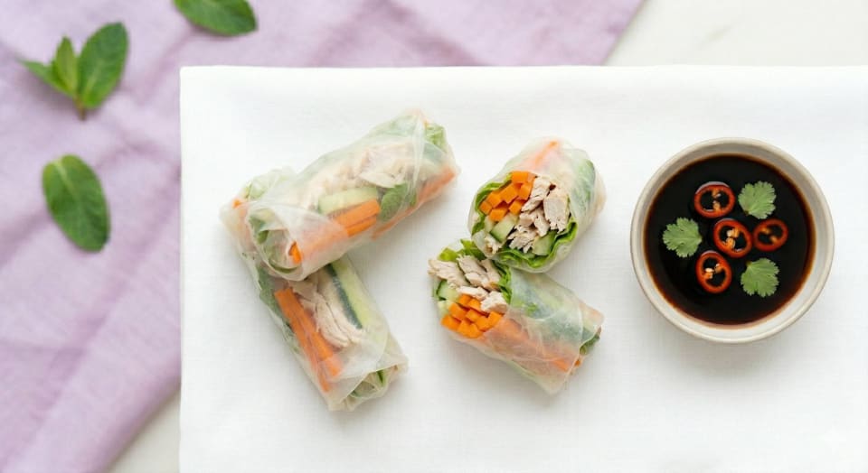 Photo de la recette Rouleaux de printemps au poulet, idée de déjeuner à 230 kcal par portion