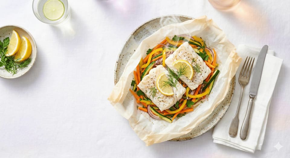 Photo de la recette Papillotes de cabillaud aux petits légumes, idée de déjeuner à 210 kcal par portion