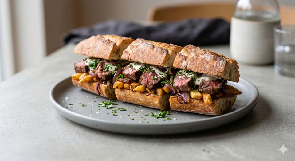Photo de la recette Maxi Baguette Steak-Frites Allégée, idée de déjeuner à 835 kcal par portion