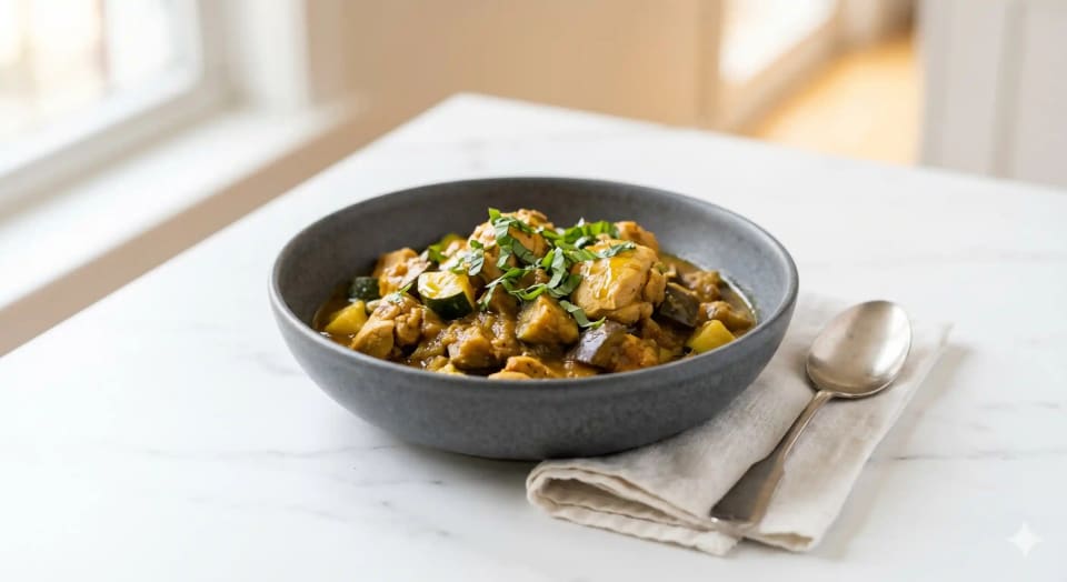 Photo de la recette Mijoté de Poulet aux Épices Colombo et Légumes Fondants, idée de dîner à 226 kcal par portion