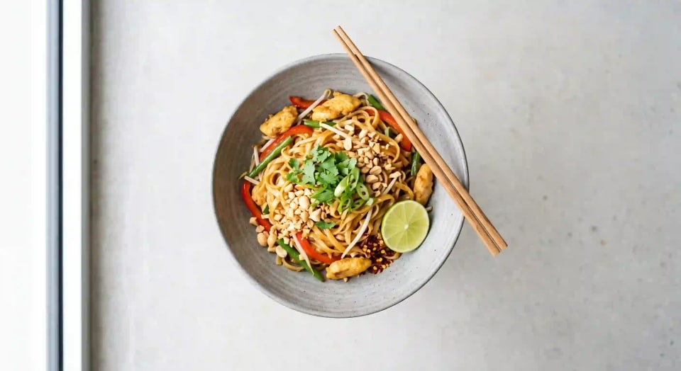 Photo de la recette Nouilles de riz sautées façon pad thaï, poulet et cacahuète, idée de dîner à 648 kcal par portion